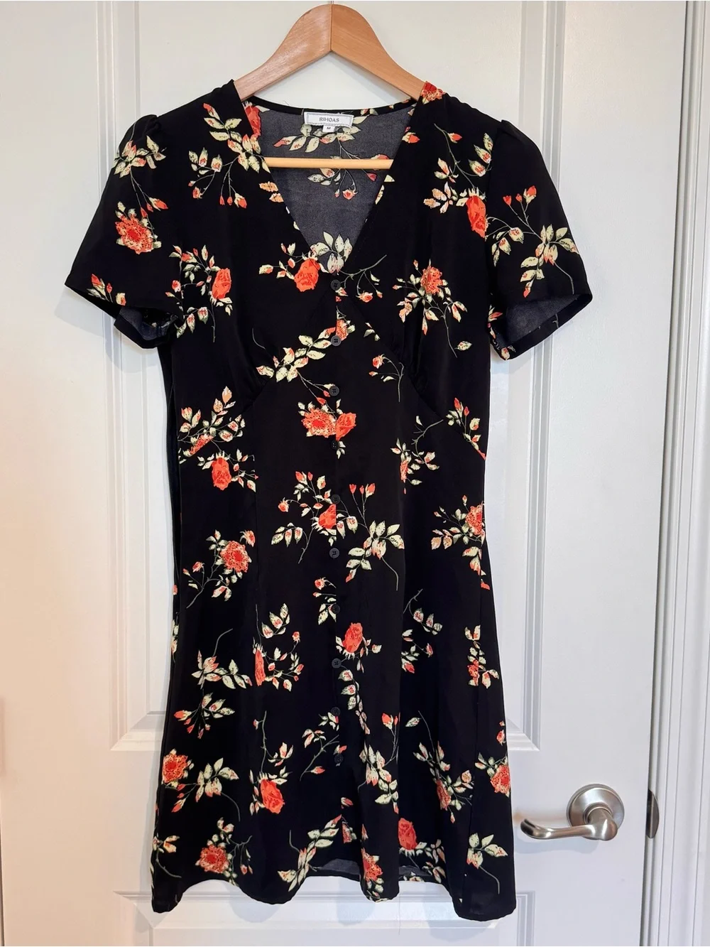 Rihoas Black Floral  V-Neck Mini Dress Short Sleeve Sundress Summer Preppy Med - Picture 2 of 5